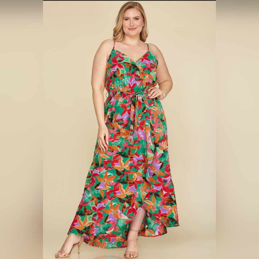 NWT Green Floral Ruffle Maxi Dress Size (XL,1X,2X)